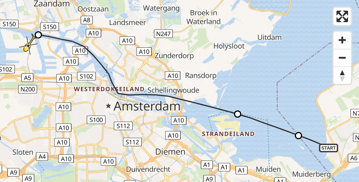 Routekaart van de vlucht: Lifeliner 1 naar Amsterdam Heliport, Capriweg