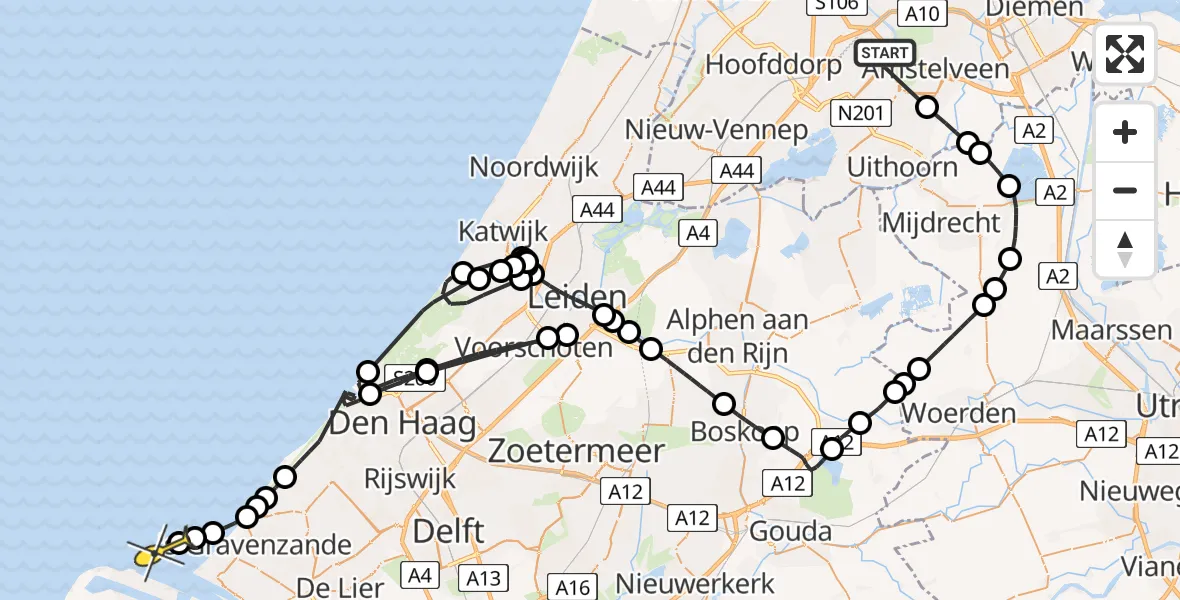 Routekaart van de vlucht: Politiehelikopter naar Hoek van Holland, De Zon