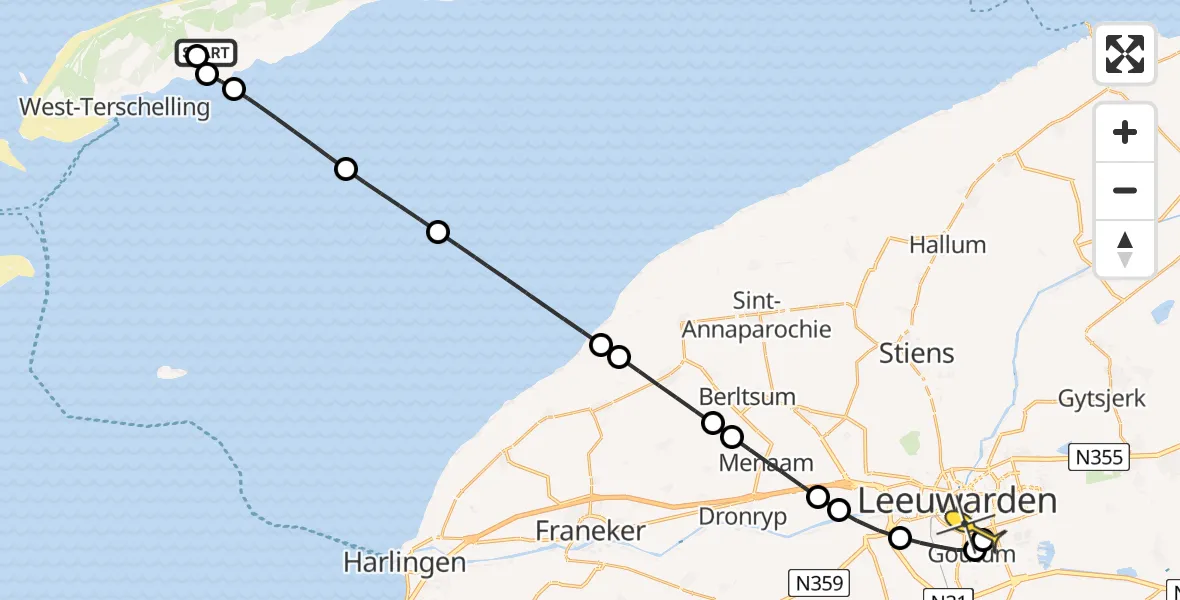 Routekaart van de vlucht: Ambulancehelikopter naar Leeuwarden, Aldlânsdyk