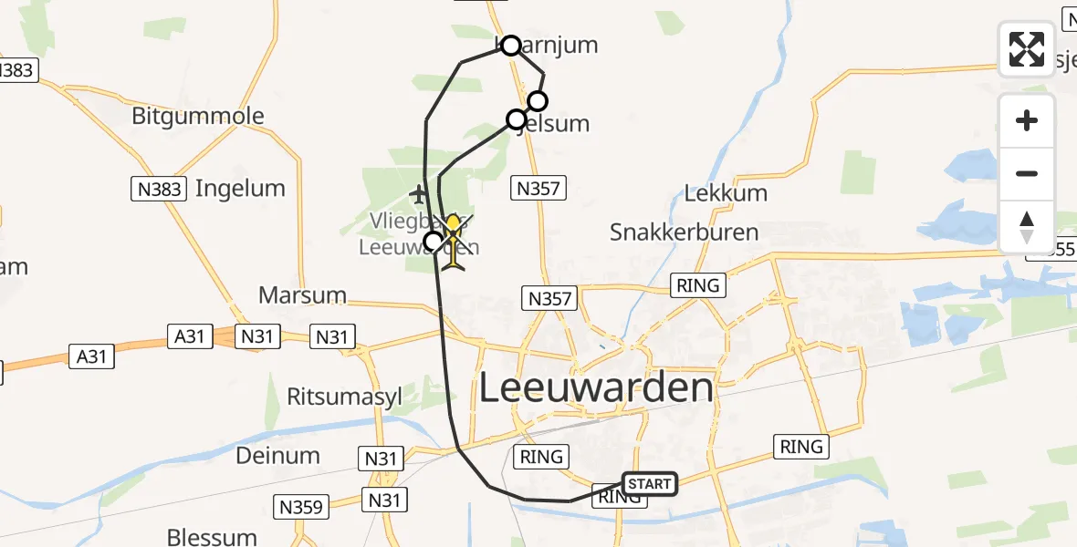Routekaart van de vlucht: Ambulancehelikopter naar Vliegbasis Leeuwarden, Keegsdijkje