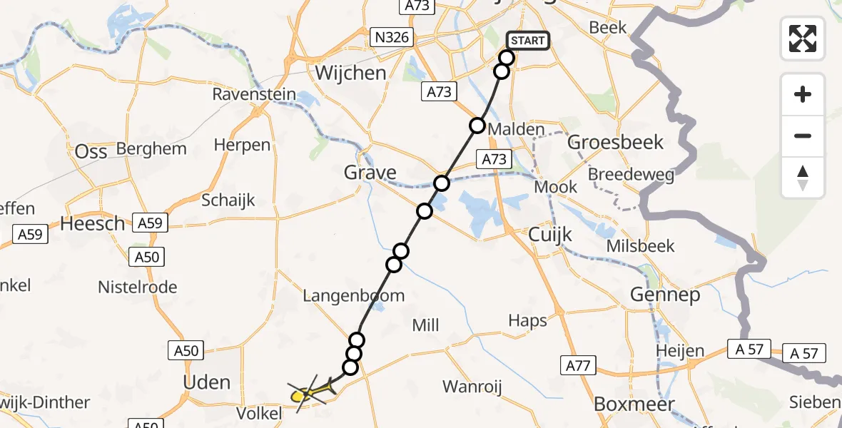 Routekaart van de vlucht: Lifeliner 3 naar Vliegbasis Volkel, Zeelandsedijk