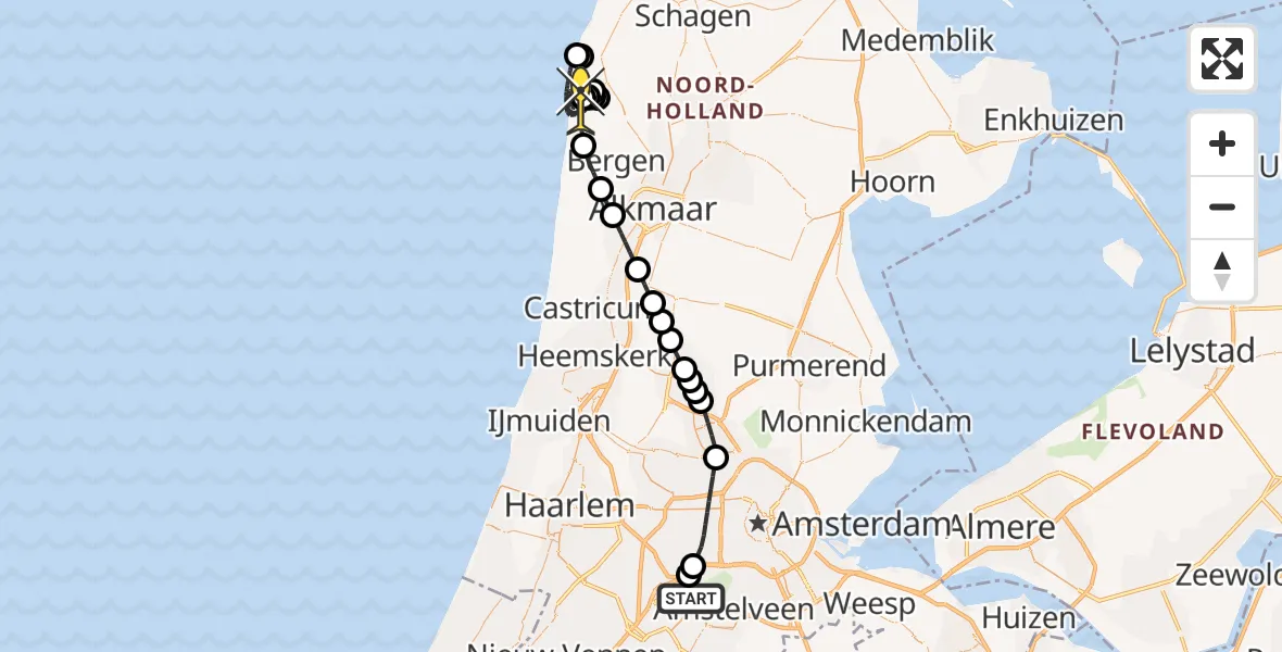Routekaart van de vlucht: Politieheli naar Schoorl, Harger Zeeweg