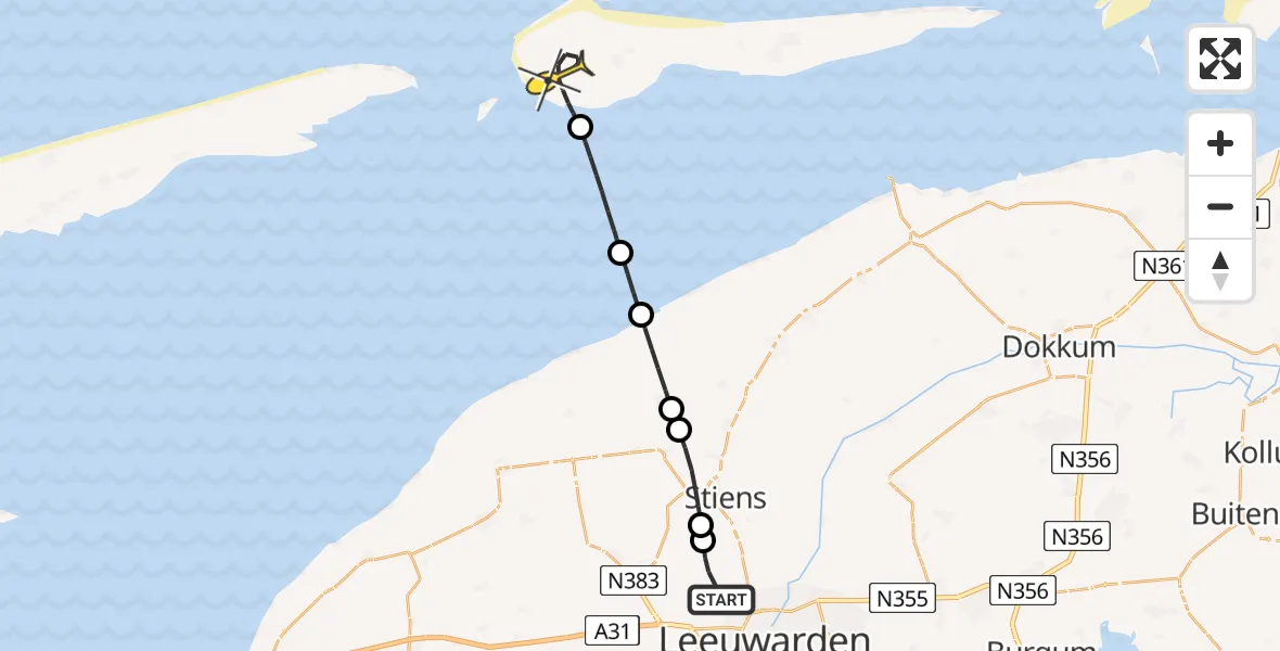 Routekaart van de vlucht: Ambulancehelikopter naar Hollum, Ridderweg