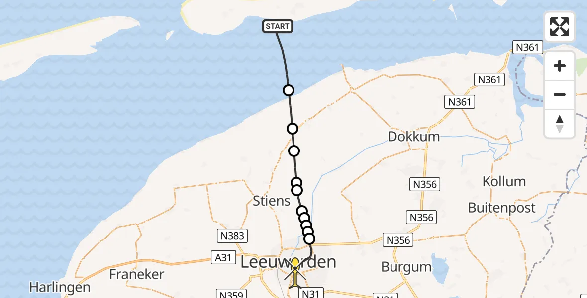 Routekaart van de vlucht: Ambulanceheli naar Leeuwarden, Aldlânsdyk