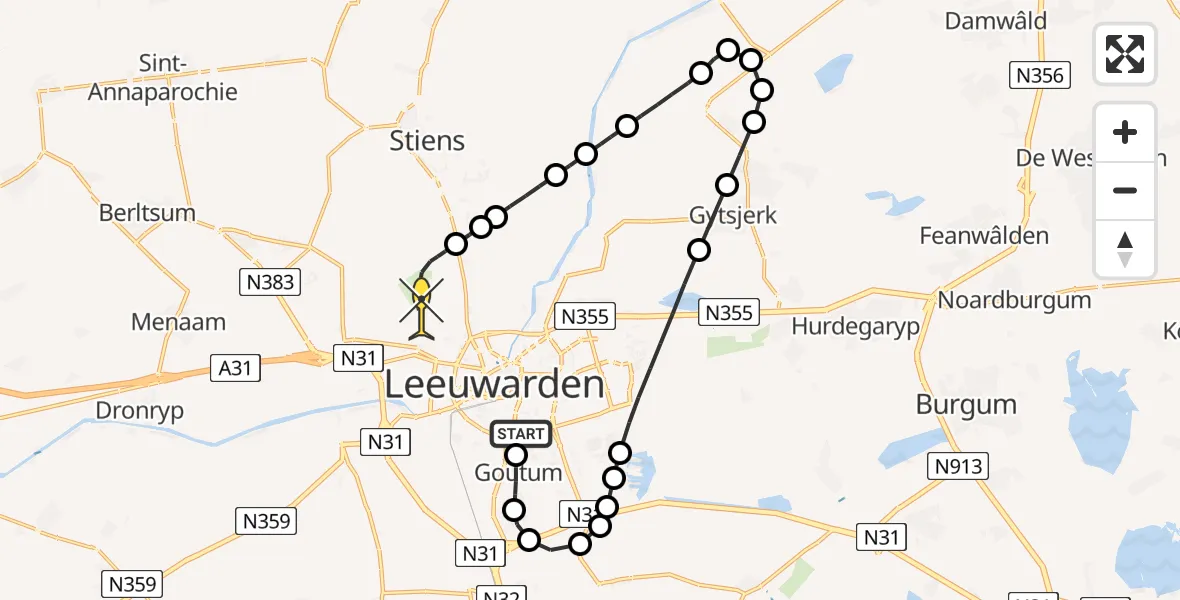 Routekaart van de vlucht: Ambulancehelikopter naar Vliegbasis Leeuwarden, Keegsdijkje