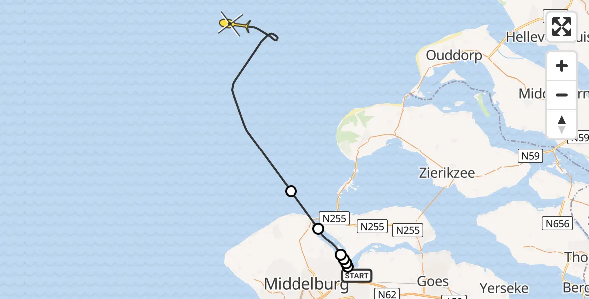 Routekaart van de vlucht: Kustwachthelikopter naar Zeekraal