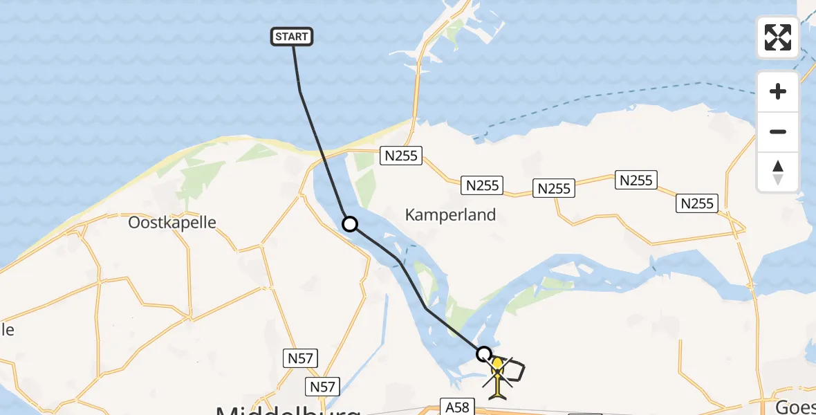 Routekaart van de vlucht: Kustwachthelikopter naar Vliegveld Midden-Zeeland, Calandweg