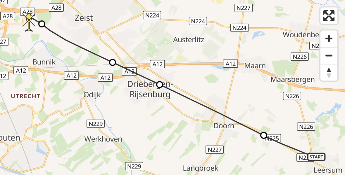 Routekaart van de vlucht: Lifeliner 1 naar Universitair Medisch Centrum Utrecht, UMC Ambulancetunnel