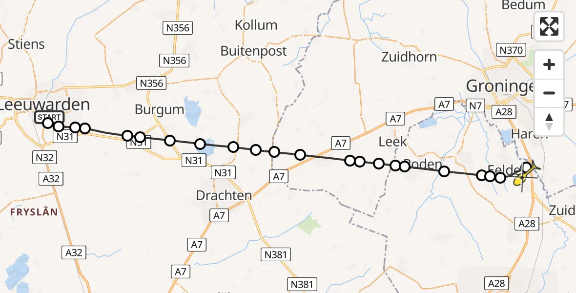 Routekaart van de vlucht: Lifeliner 4 naar Eelde, Burgemeester J.G. Legroweg