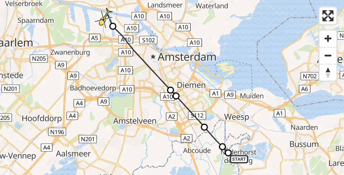 Routekaart van de vlucht: Lifeliner 1 naar Amsterdam Heliport, Capriweg