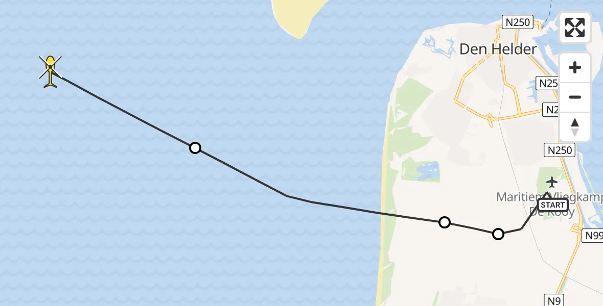 Routekaart van de vlucht: Kustwachthelikopter naar Middenvliet