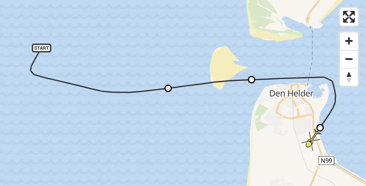Routekaart van de vlucht: Kustwachthelikopter naar Vliegveld De Kooy, Rijksweg
