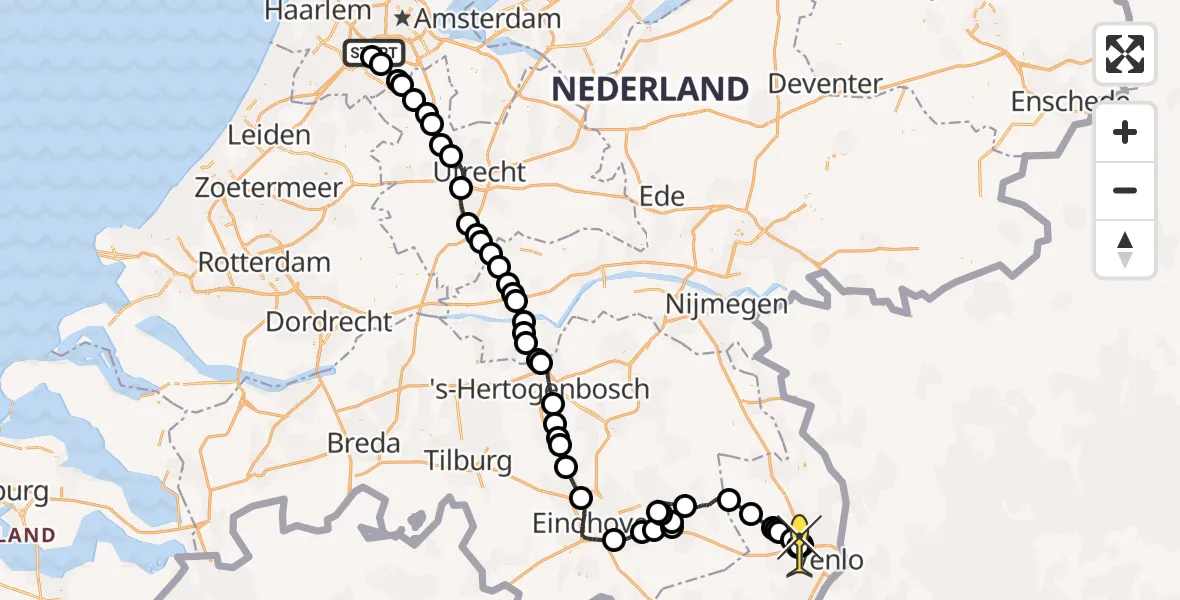 Routekaart van de vlucht: Politieheli naar TrafficPort Venlo, Europaweg