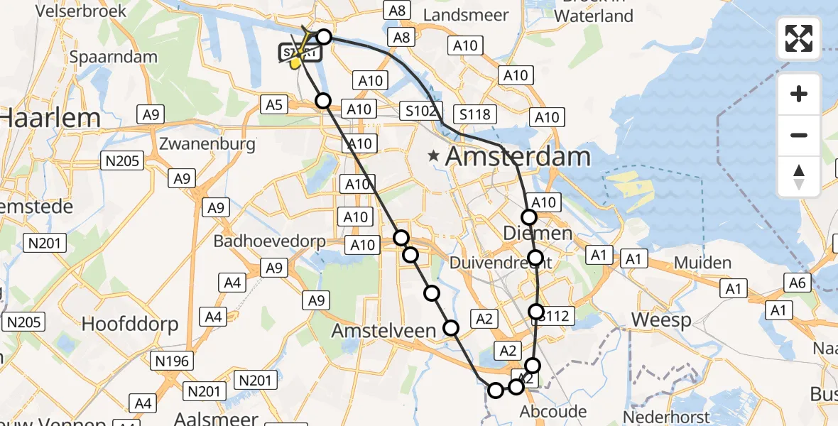 Routekaart van de vlucht: Lifeliner 1 naar Amsterdam Heliport, Capriweg