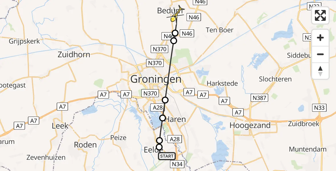 Routekaart van de vlucht: Lifeliner 4 naar Bedum, Waldadrift