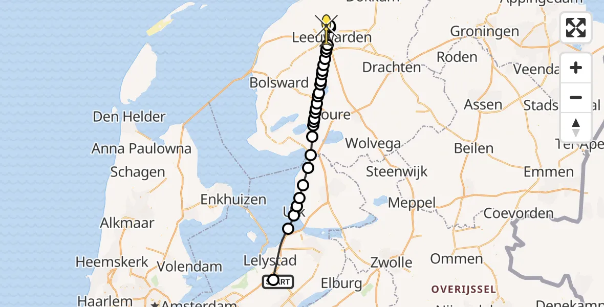Routekaart van de vlucht: Ambulancehelikopter naar Vliegbasis Leeuwarden, Keegsdijkje