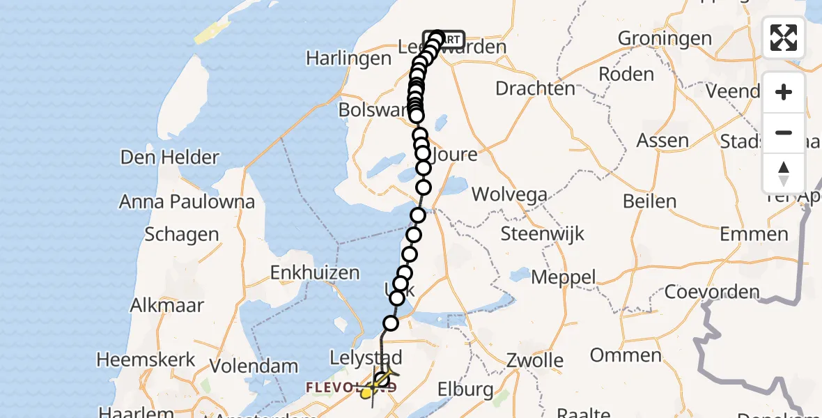 Routekaart van de vlucht: Ambulancehelikopter naar Lelystad Airport, Emoeweg