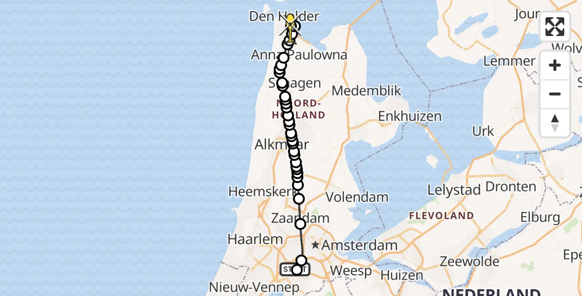 Routekaart van de vlucht: Politiehelikopter naar Vliegveld De Kooy, Rijksweg