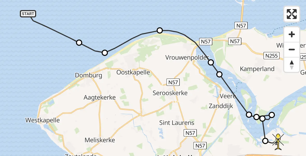 Routekaart van de vlucht: Kustwachthelikopter naar Vliegveld Midden-Zeeland, Calandweg