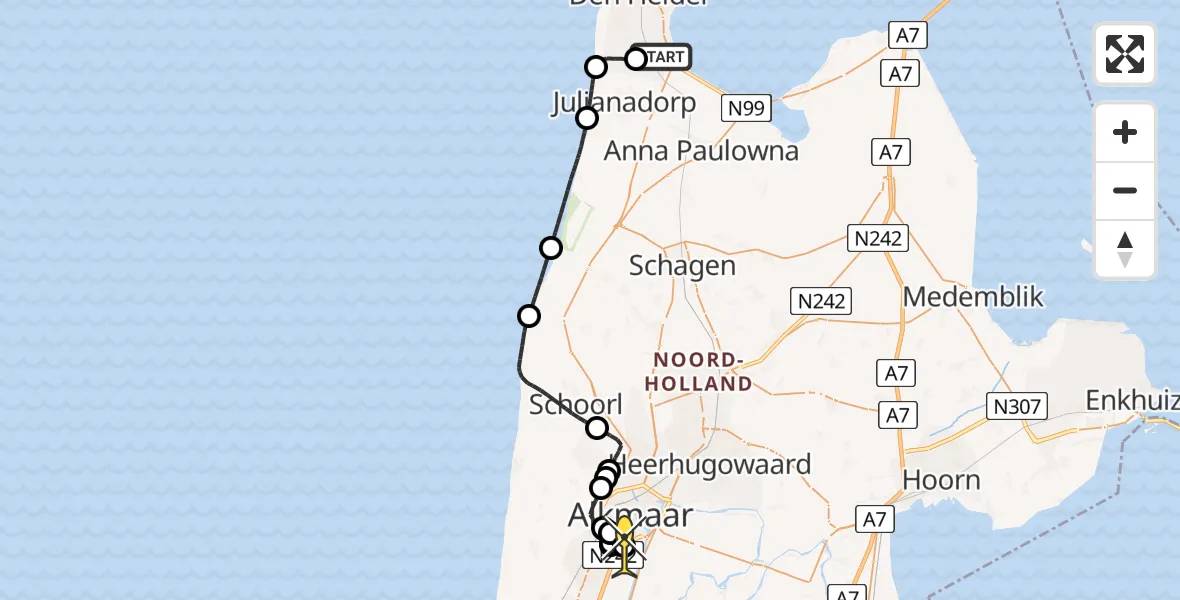Routekaart van de vlucht: Kustwachthelikopter naar Alkmaar, Parelweg