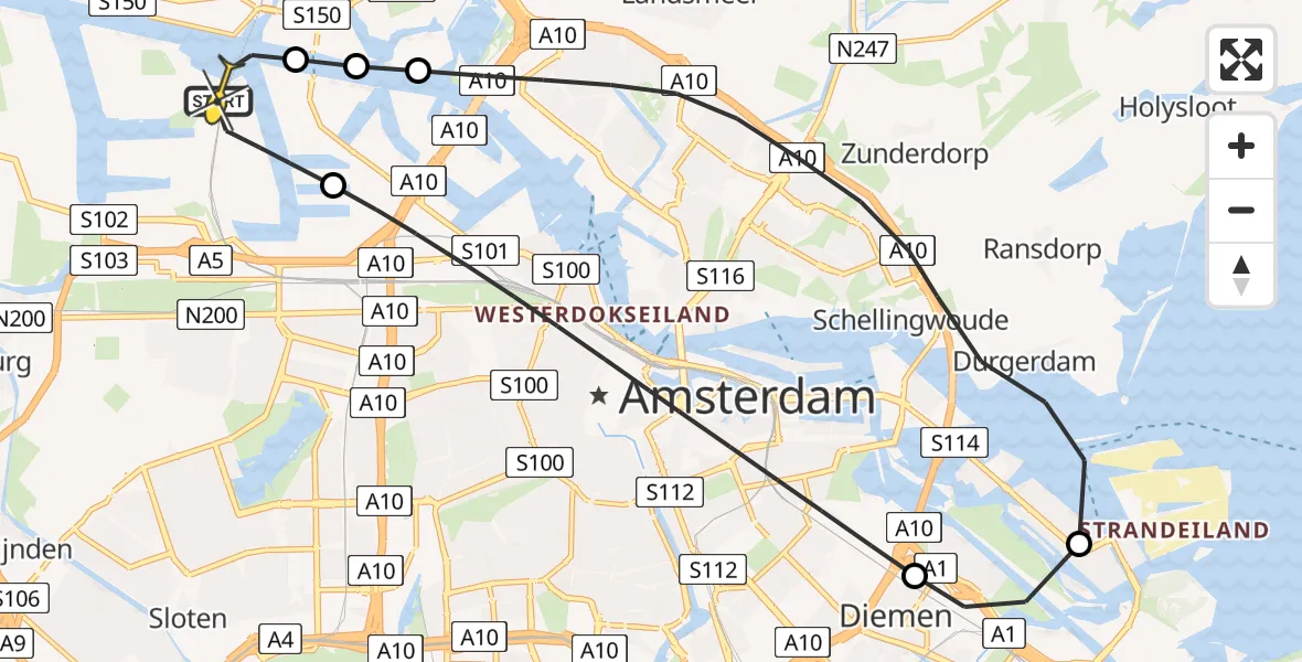 Routekaart van de vlucht: Lifeliner 1 naar Amsterdam Heliport, Capriweg