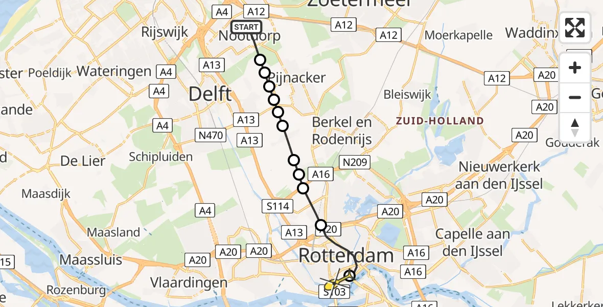Routekaart van de vlucht: Lifeliner 2 naar Erasmus MC, Westzeedijk