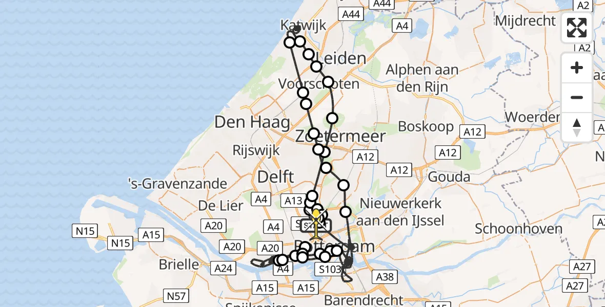Routekaart van de vlucht: Politiehelikopter naar Rotterdam The Hague Airport, Brandenburgbaan