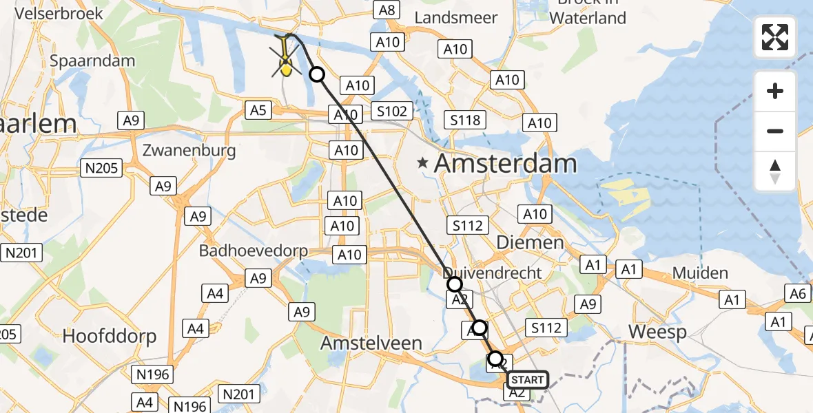 Routekaart van de vlucht: Lifeliner 1 naar Amsterdam Heliport, Hornweg