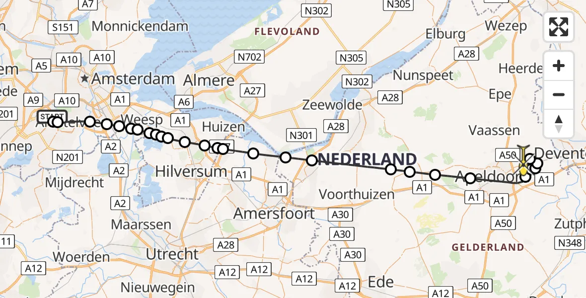 Routekaart van de vlucht: Politiehelikopter naar Vliegveld Teuge, de Zanden