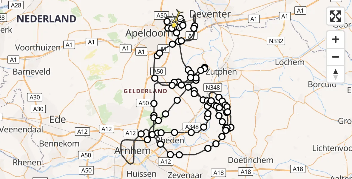 Routekaart van de vlucht: Politieheli naar Vliegveld Teuge, de Zanden