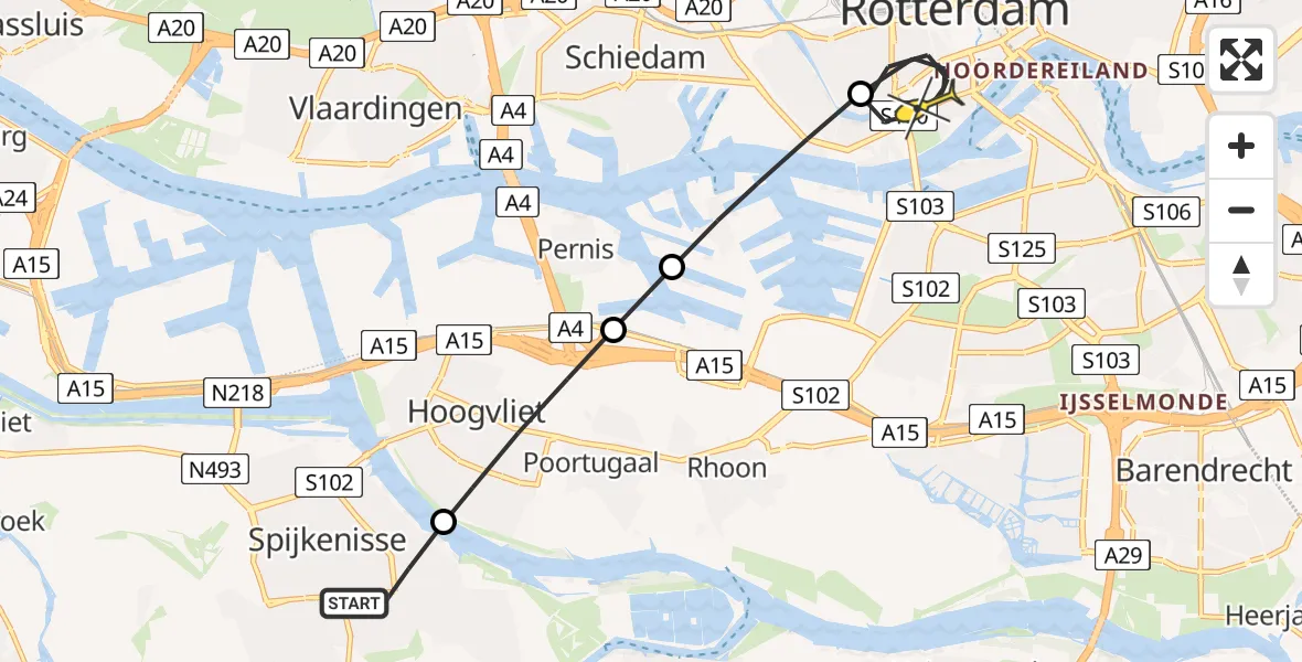 Routekaart van de vlucht: Lifeliner 2 naar Erasmus MC, Westzeedijk