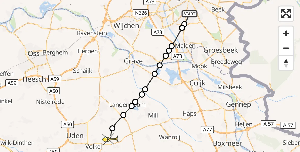 Routekaart van de vlucht: Lifeliner 3 naar Vliegbasis Volkel, Zeelandsedijk