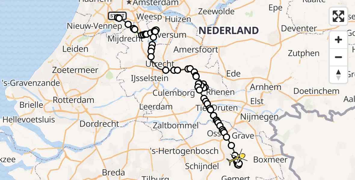 Routekaart van de vlucht: Politieheli naar Vliegbasis Volkel, Zeelandsedijk