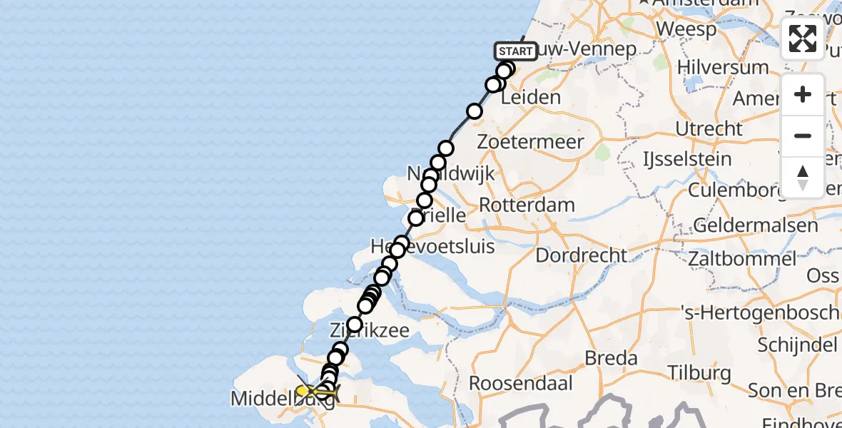Routekaart van de vlucht: Kustwachthelikopter naar Vliegveld Midden-Zeeland, Calandweg