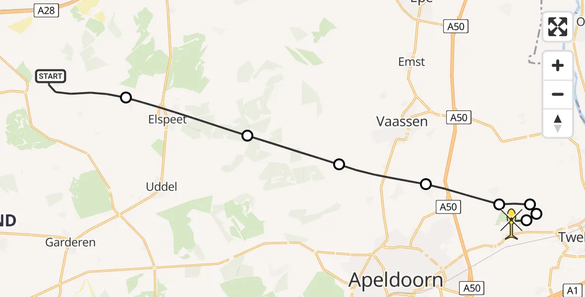 Routekaart van de vlucht: Politieheli naar Vliegveld Teuge, de Zanden
