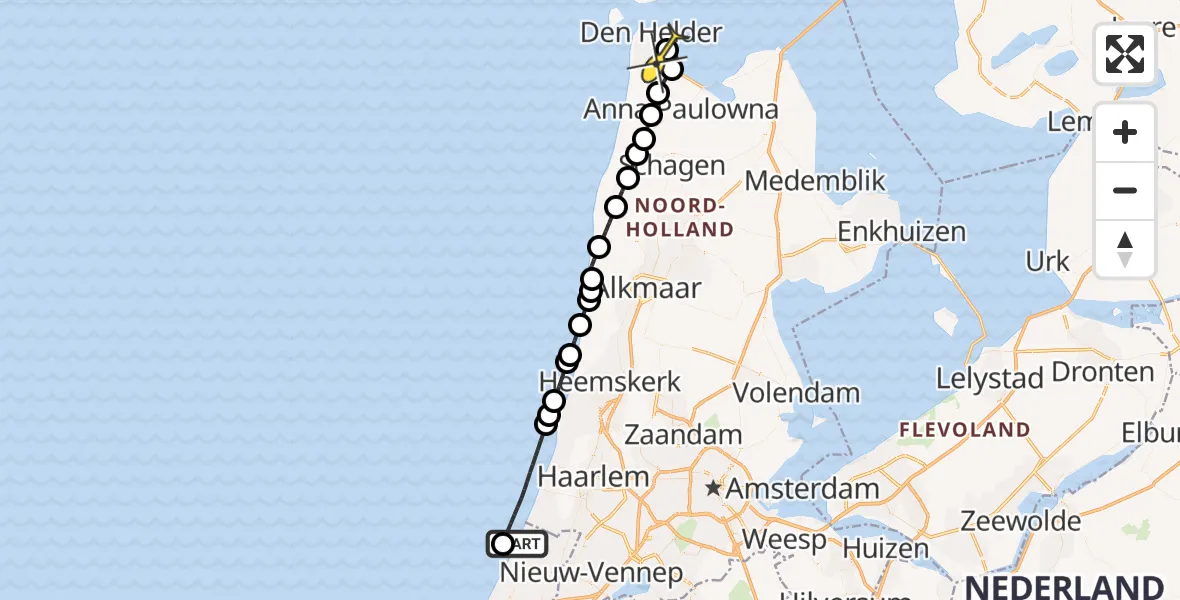 Routekaart van de vlucht: Kustwachthelikopter naar Vliegveld De Kooy, Doggersvaart