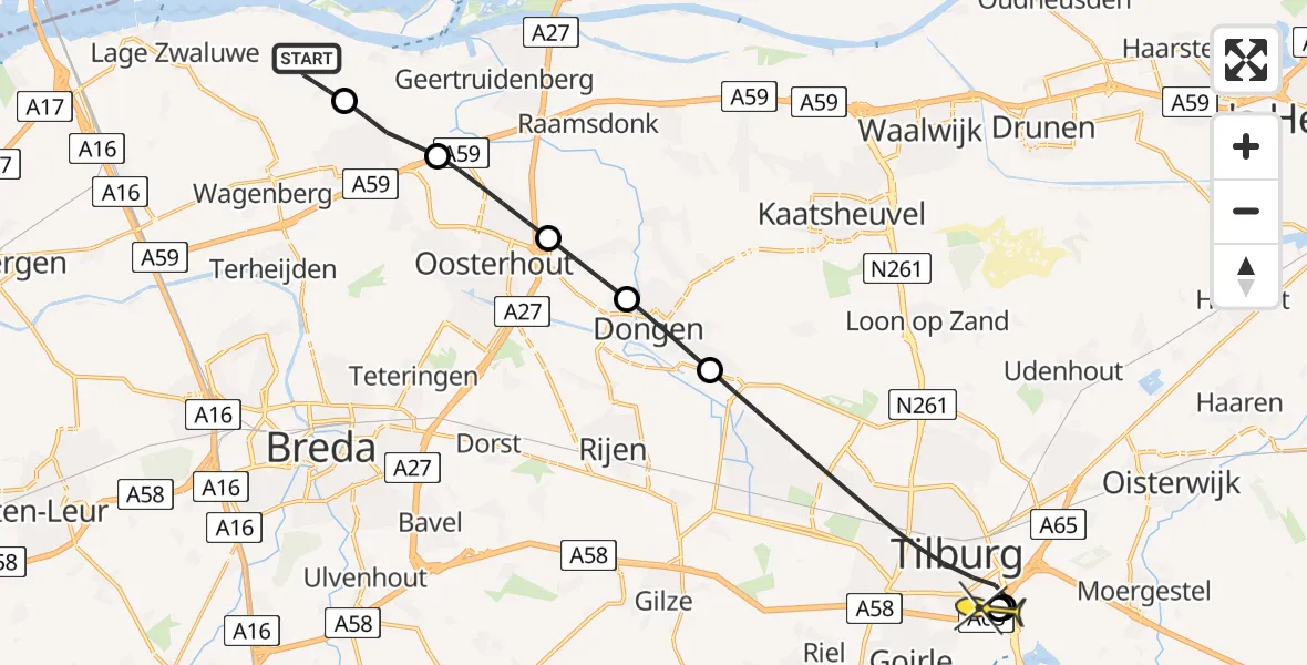 Routekaart van de vlucht: Lifeliner 2 naar Tilburg, Leijweg