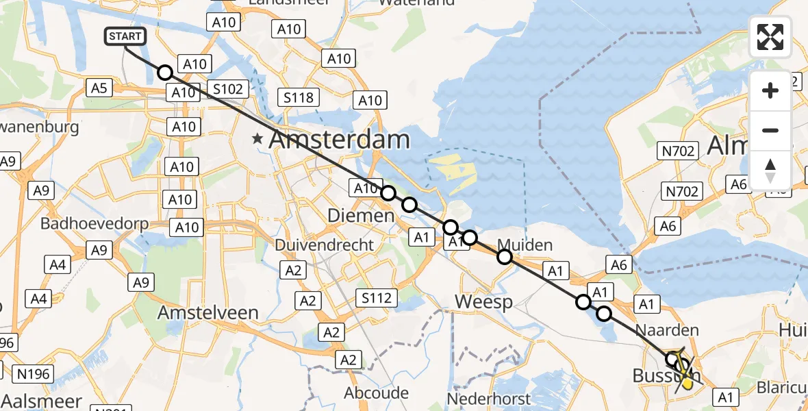 Routekaart van de vlucht: Lifeliner 1 naar Bussum, s'Jacobsveldje