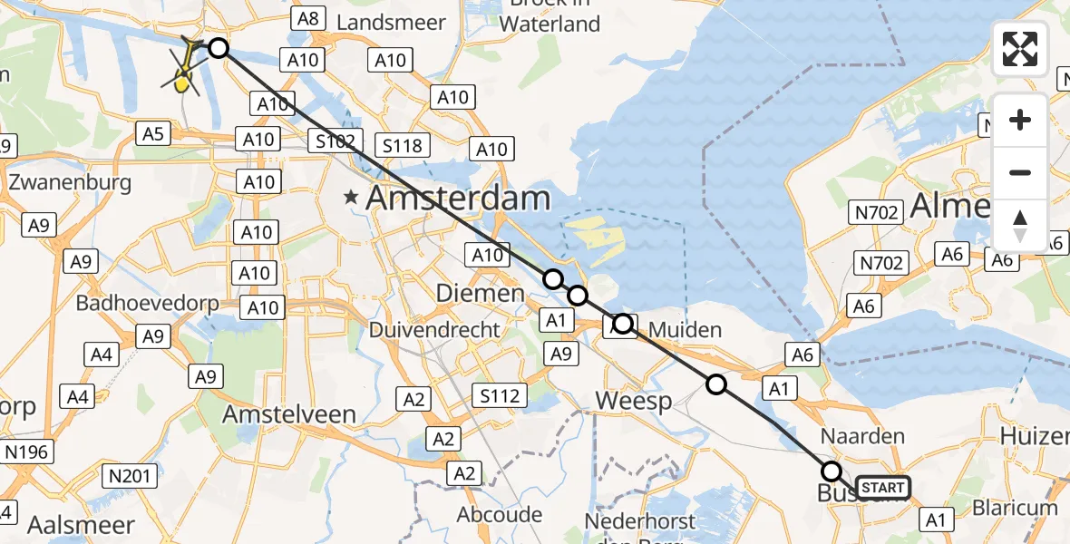 Routekaart van de vlucht: Lifeliner 1 naar Amsterdam Heliport, Capriweg