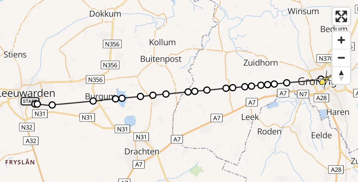 Routekaart van de vlucht: Lifeliner 4 naar Universitair Medisch Centrum Groningen, Gerbrand Bakkerstraat