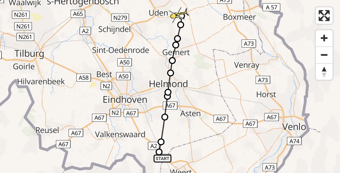 Routekaart van de vlucht: Lifeliner 3 naar Vliegbasis Volkel, Zeelandsedijk