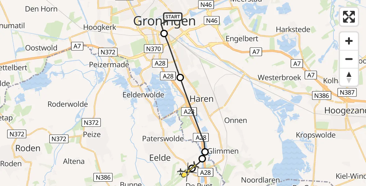 Routekaart van de vlucht: Lifeliner 4 naar Groningen Airport Eelde, Burgemeester J.G. Legroweg