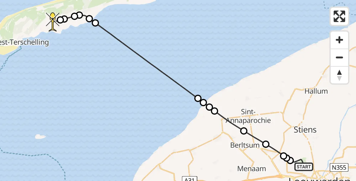 Routekaart van de vlucht: Ambulancehelikopter naar Midsland, Kallandspad