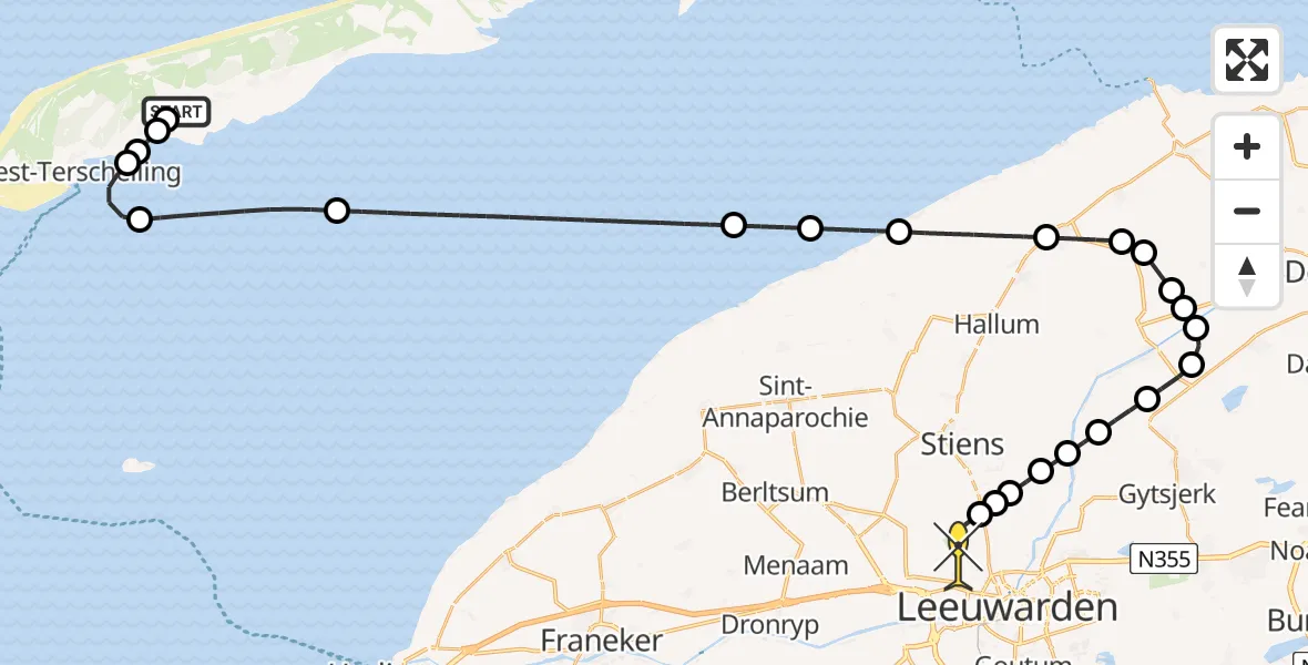 Routekaart van de vlucht: Ambulancehelikopter naar Vliegbasis Leeuwarden, Keegsdijkje