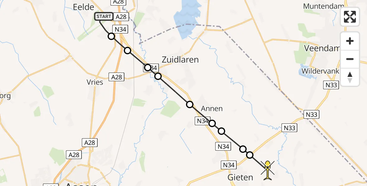 Routekaart van de vlucht: Lifeliner 4 naar Gieten, Veentangerdijk