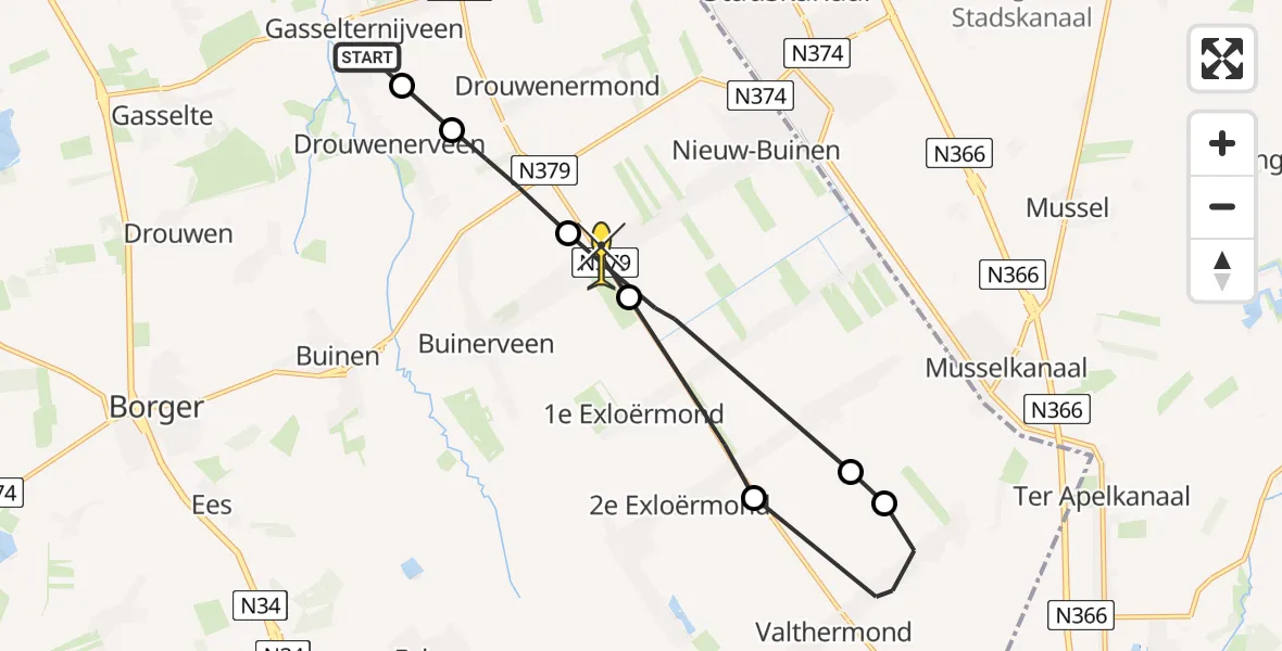 Routekaart van de vlucht: Lifeliner 4 naar Nieuw-Buinen, Drentse Mondenweg