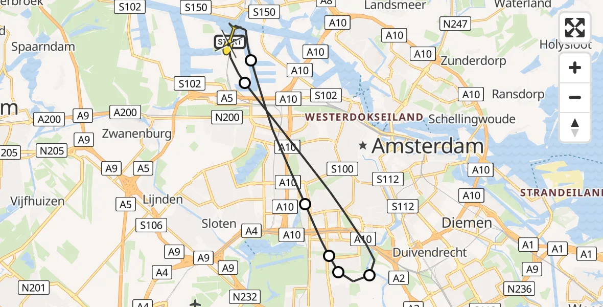 Routekaart van de vlucht: Lifeliner 1 naar Amsterdam Heliport, Capriweg