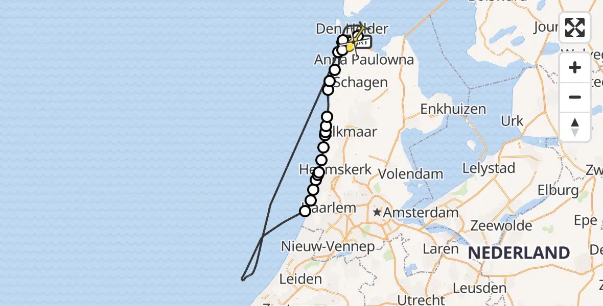 Routekaart van de vlucht: Kustwachthelikopter naar Vliegveld De Kooy, Doggersvaart