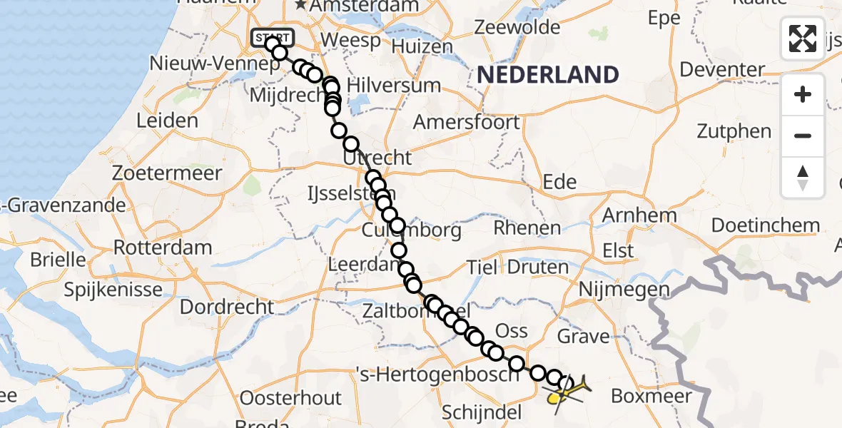 Routekaart van de vlucht: Politieheli naar Vliegbasis Volkel, Zeelandsedijk