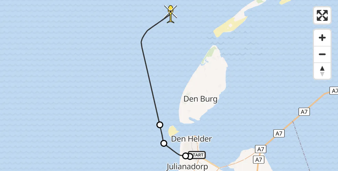 Routekaart van de vlucht: Kustwachthelikopter naar Middenvliet